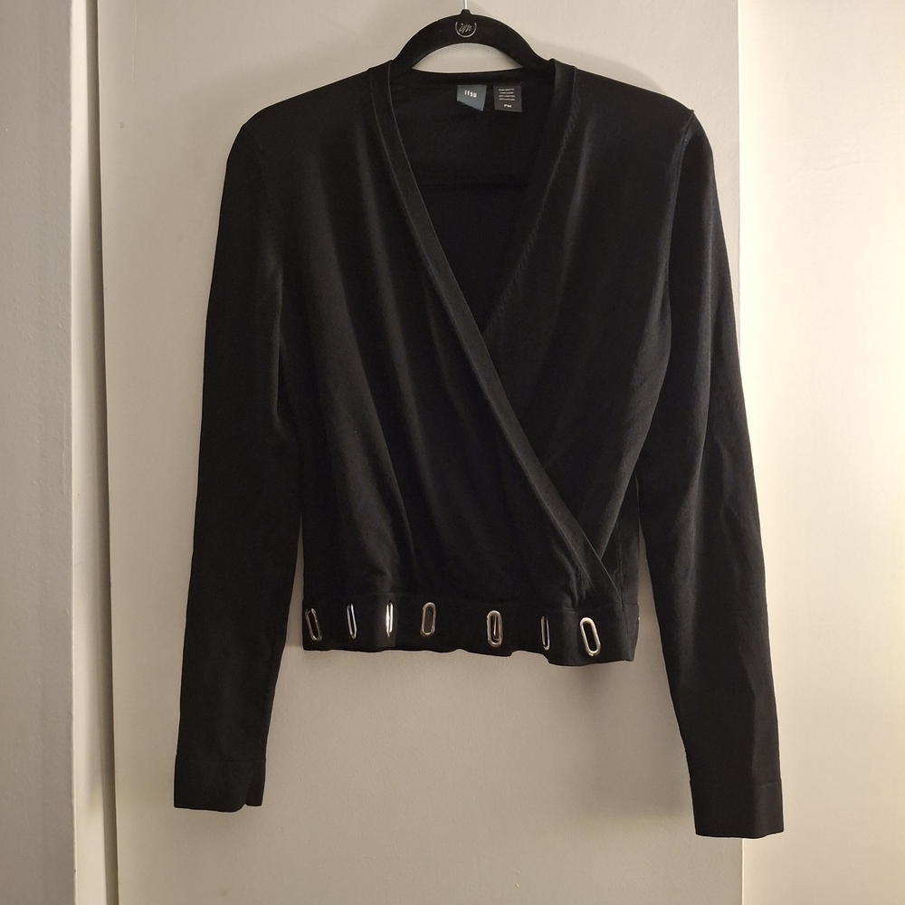 Itsu Elegant Women's Black Wrap Blouse With Metal Detail